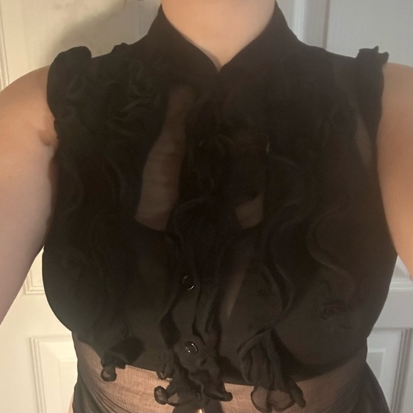 BEBE Black Ruffled Women's See through mesh Sheer lace button up Top - Picture 5 of 5